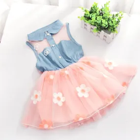 2018 New Summer Dress Children's Clothing Girls Denim Stitching Baby Girl Dresses Party Wedding Children's Mesh Princess Dress
