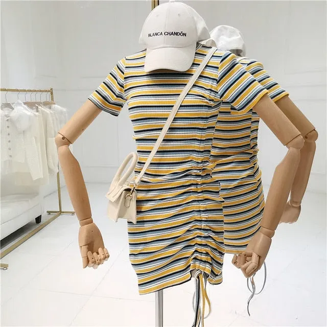2019 Summer Fashion Women Sexy Dress O-neck Short Sleeve Skinny Bodycon Dress Drawstring Club Short Dress Vestidos
