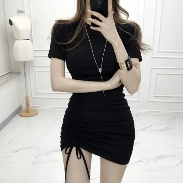 2019 Summer Fashion Women Sexy Dress O-neck Short Sleeve Skinny Bodycon Dress Drawstring Club Short Dress Vestidos