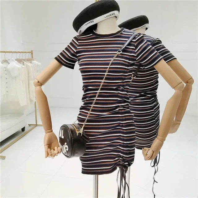 2019 Summer Fashion Women Sexy Dress O-neck Short Sleeve Skinny Bodycon Dress Drawstring Club Short Dress Vestidos
