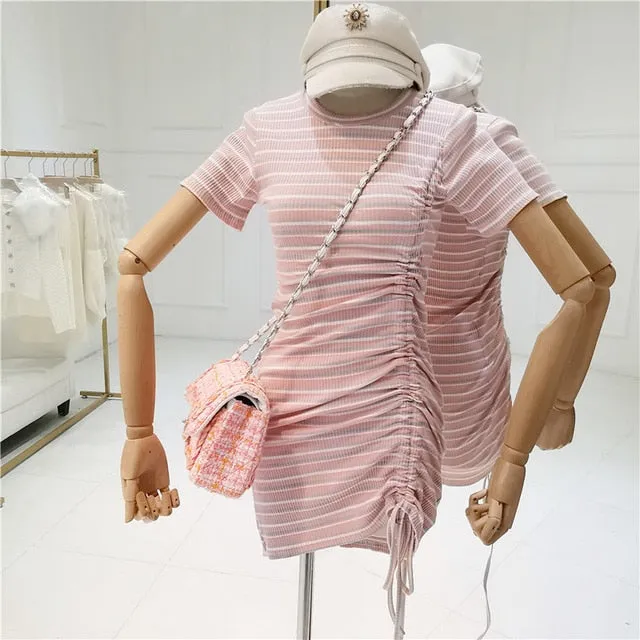 2019 Summer Fashion Women Sexy Dress O-neck Short Sleeve Skinny Bodycon Dress Drawstring Club Short Dress Vestidos