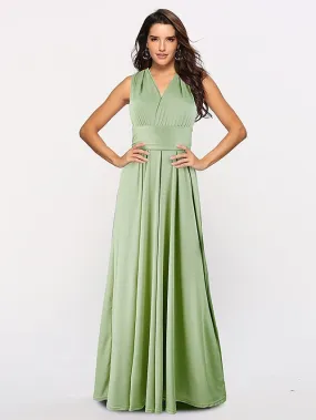 A-Line Bridesmaid Dress Halter / V Neck Sleeveless Convertible Floor Length Spandex with Sash / Ribbon / Pleats 2022