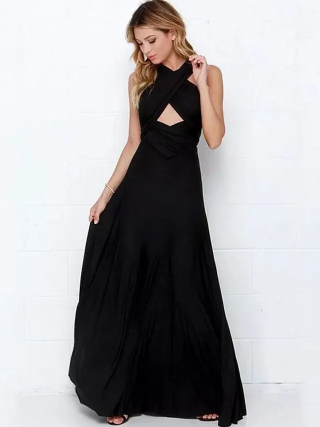 A-Line Bridesmaid Dress Halter / V Neck Sleeveless Convertible Floor Length Spandex with Sash / Ribbon / Pleats 2022