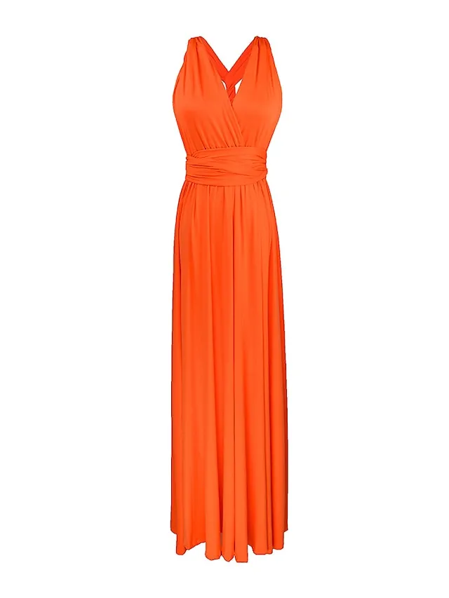 A-Line Bridesmaid Dress Halter / V Neck Sleeveless Convertible Floor Length Spandex with Sash / Ribbon / Pleats 2022