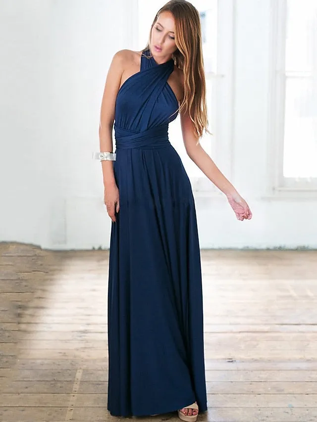 A-Line Bridesmaid Dress Halter / V Neck Sleeveless Convertible Floor Length Spandex with Sash / Ribbon / Pleats 2022