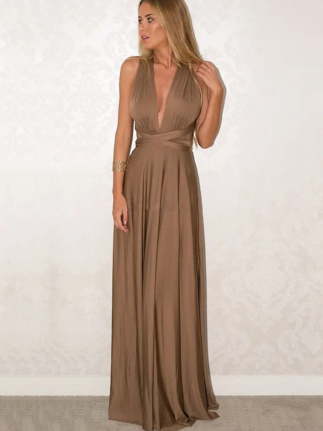 A-Line Bridesmaid Dress Halter / V Neck Sleeveless Convertible Floor Length Spandex with Sash / Ribbon / Pleats 2022