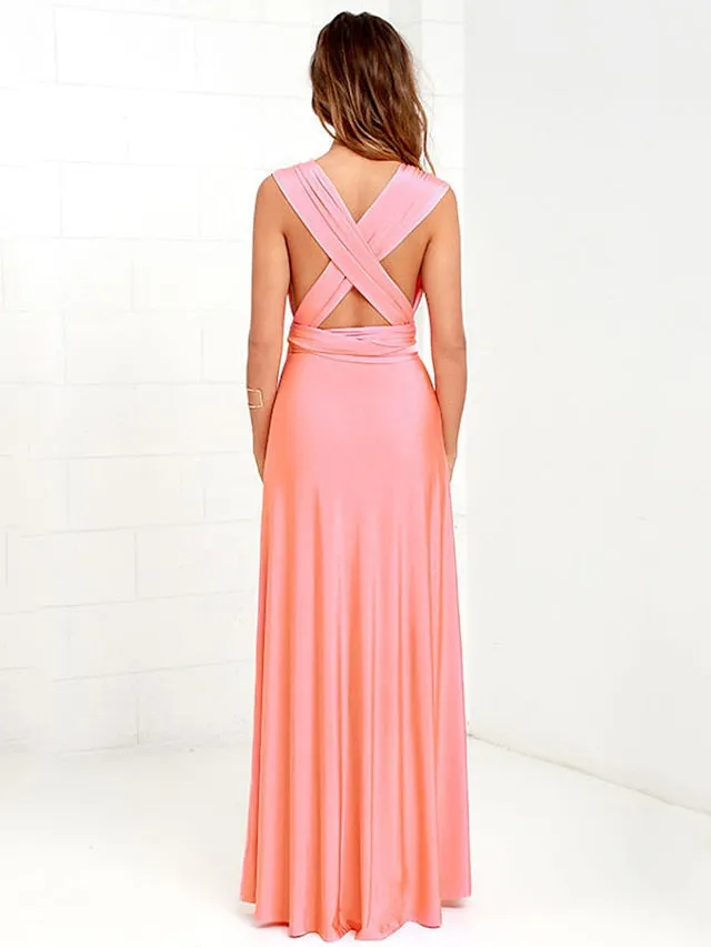 A-Line Bridesmaid Dress Halter / V Neck Sleeveless Convertible Floor Length Spandex with Sash / Ribbon / Pleats 2022