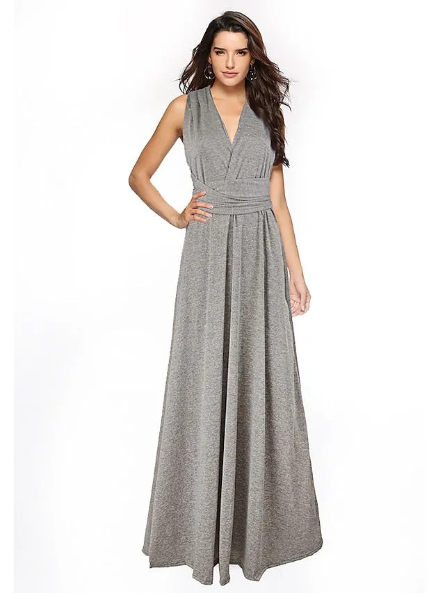 A-Line Bridesmaid Dress Halter / V Neck Sleeveless Convertible Floor Length Spandex with Sash / Ribbon / Pleats 2022