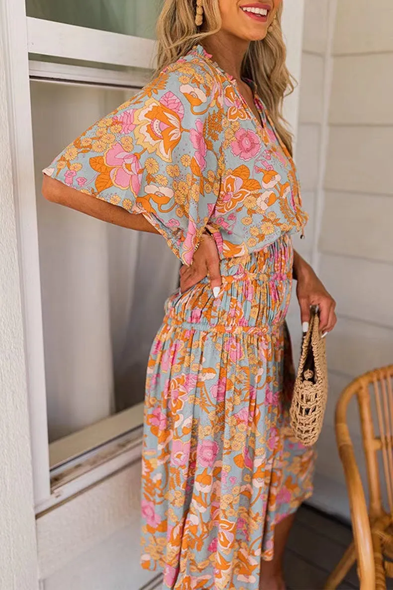 Attractive Print V-Neck Midi Dress