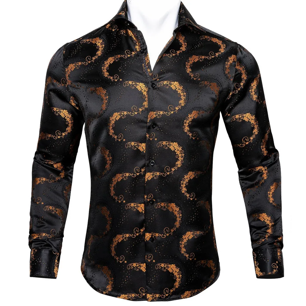 Barry.Wang Teal Paisley Floral Silk Shirts Men Autumn Long Sleeve Casual  Flower Shirts for Men Designer Fit Dress Shirt BCY-05