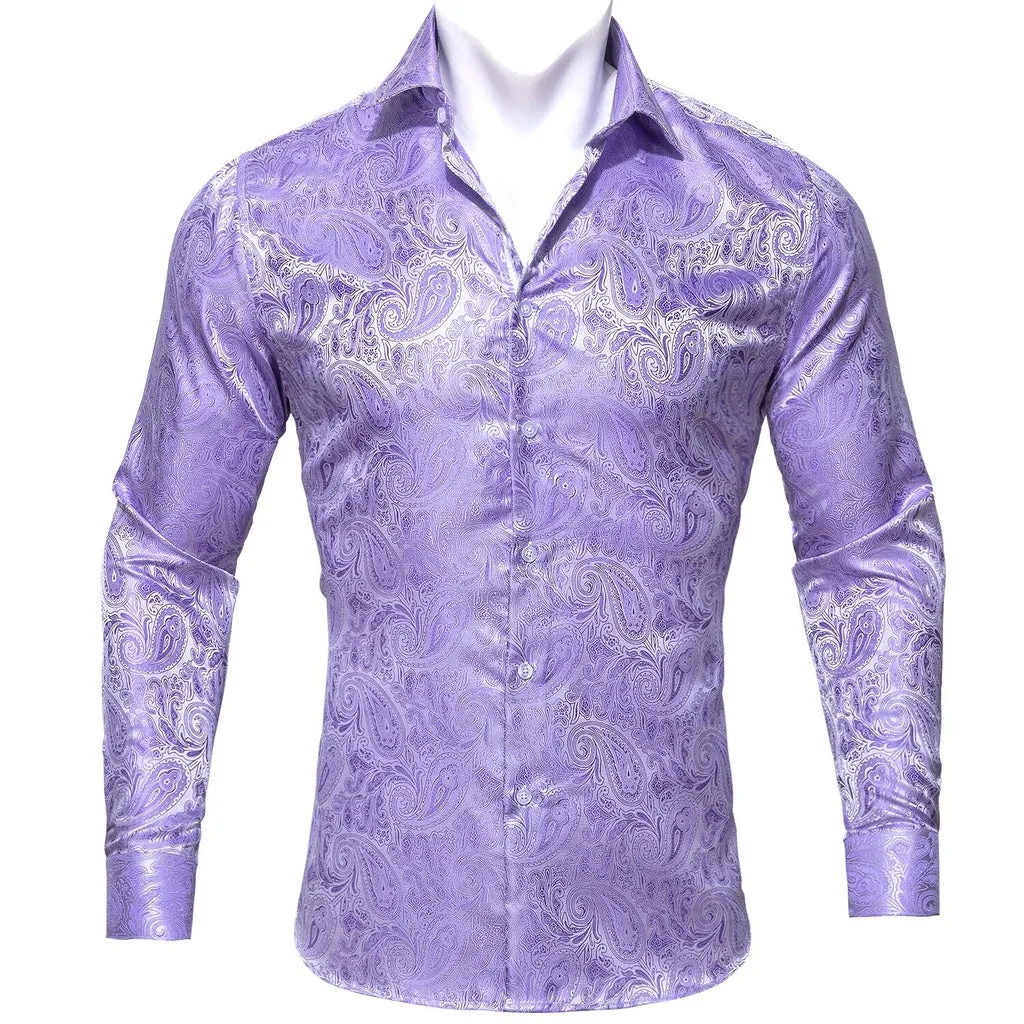 Barry.Wang Teal Paisley Floral Silk Shirts Men Autumn Long Sleeve Casual  Flower Shirts for Men Designer Fit Dress Shirt BCY-05