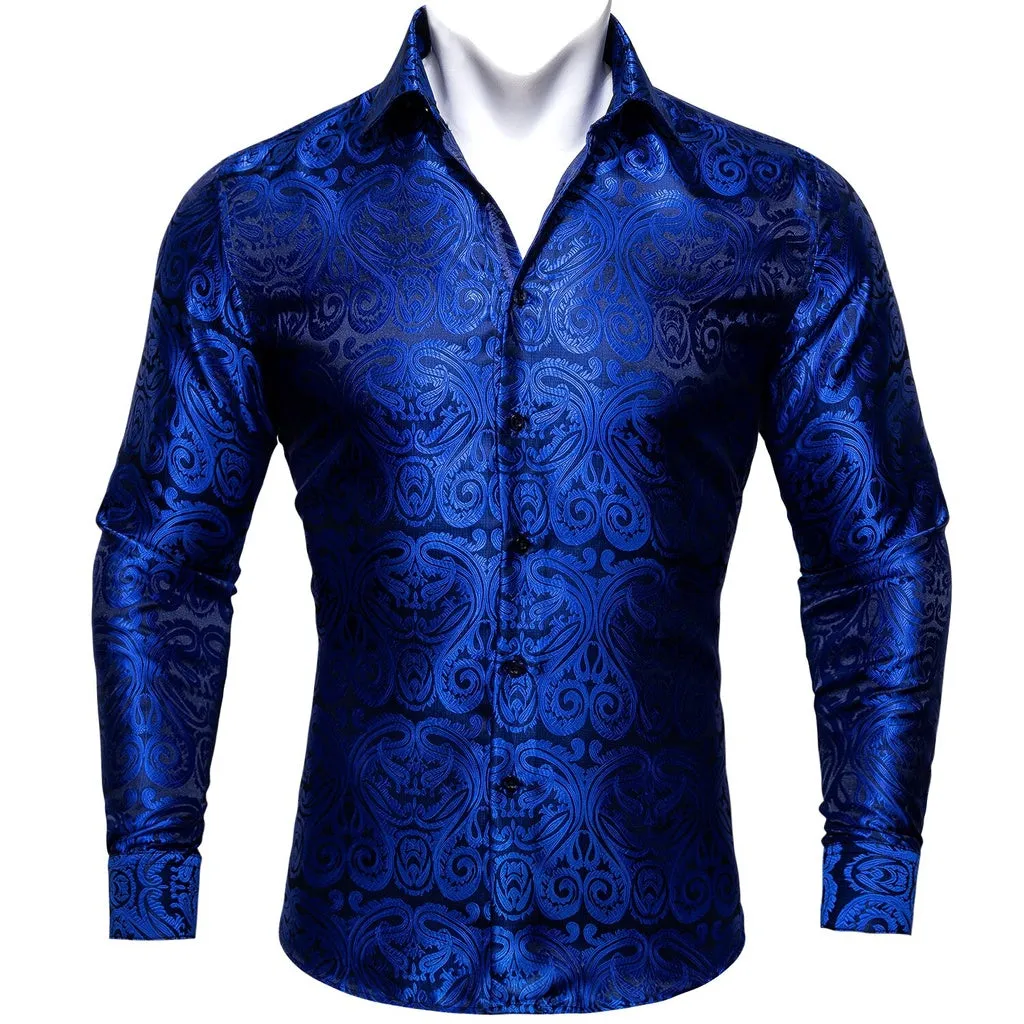 Barry.Wang Teal Paisley Floral Silk Shirts Men Autumn Long Sleeve Casual  Flower Shirts for Men Designer Fit Dress Shirt BCY-05