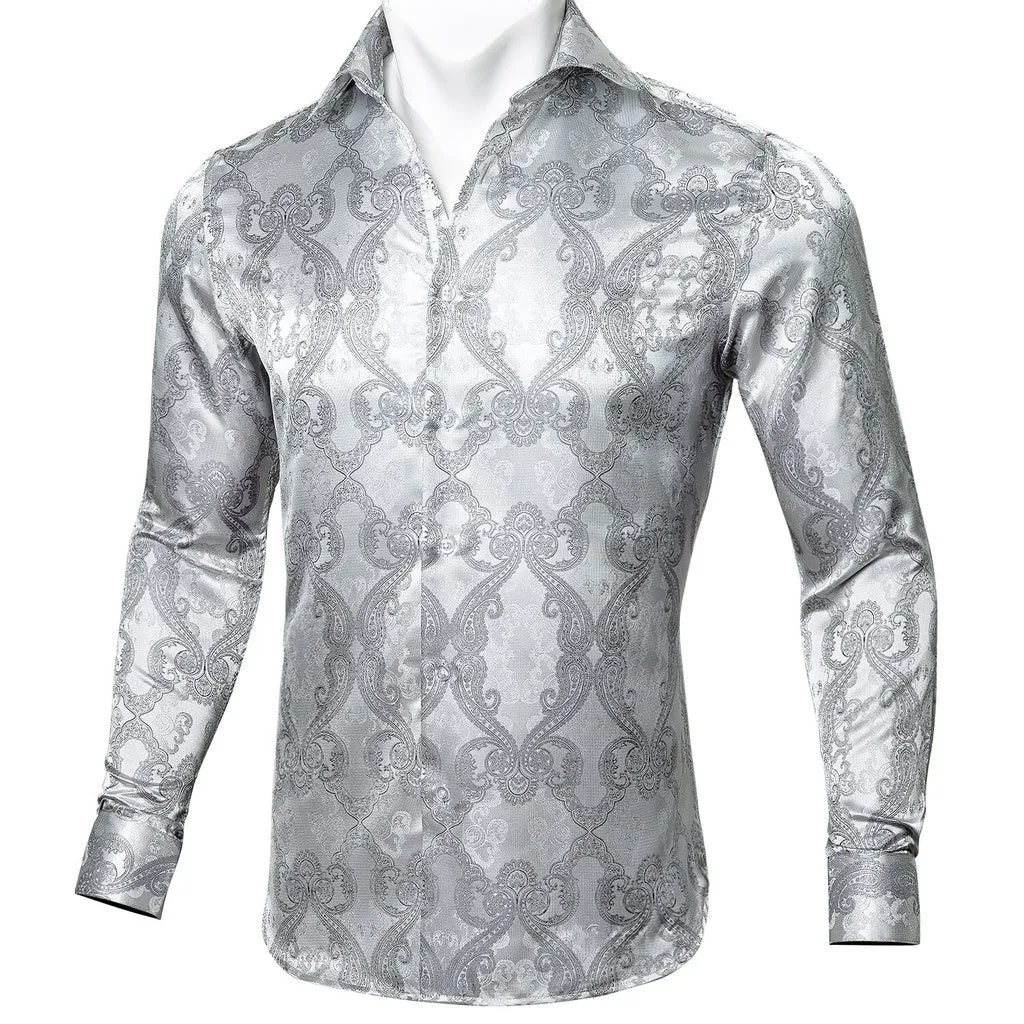 Barry.Wang Teal Paisley Floral Silk Shirts Men Autumn Long Sleeve Casual  Flower Shirts for Men Designer Fit Dress Shirt BCY-05
