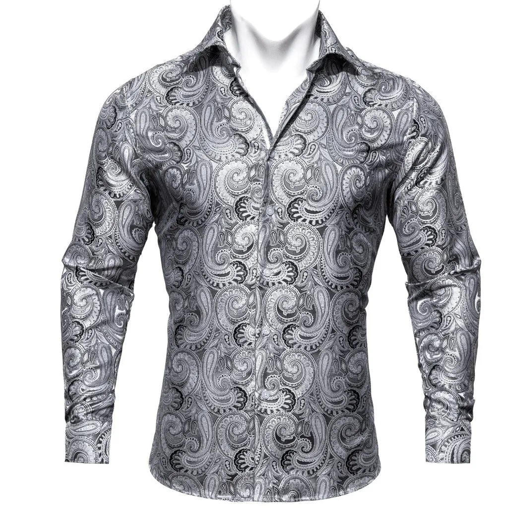 Barry.Wang Teal Paisley Floral Silk Shirts Men Autumn Long Sleeve Casual  Flower Shirts for Men Designer Fit Dress Shirt BCY-05