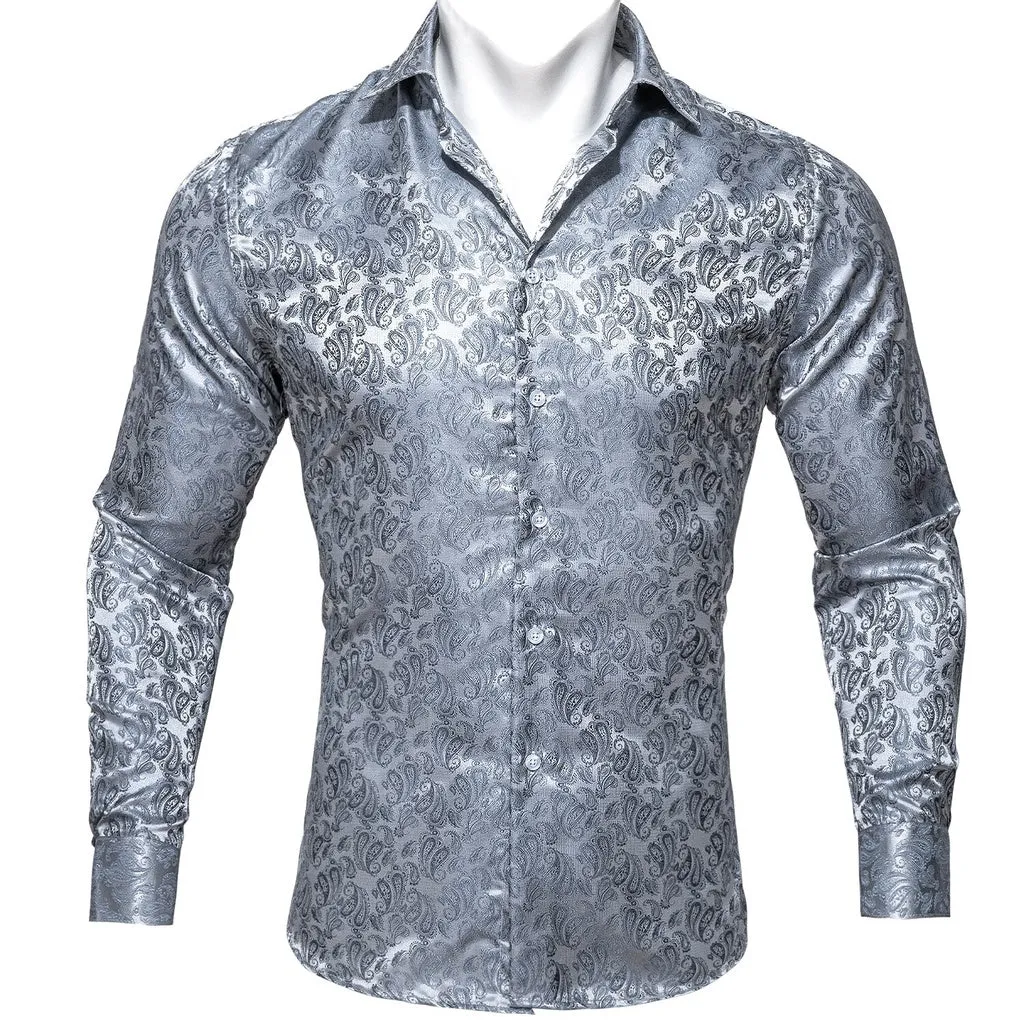 Barry.Wang Teal Paisley Floral Silk Shirts Men Autumn Long Sleeve Casual  Flower Shirts for Men Designer Fit Dress Shirt BCY-05