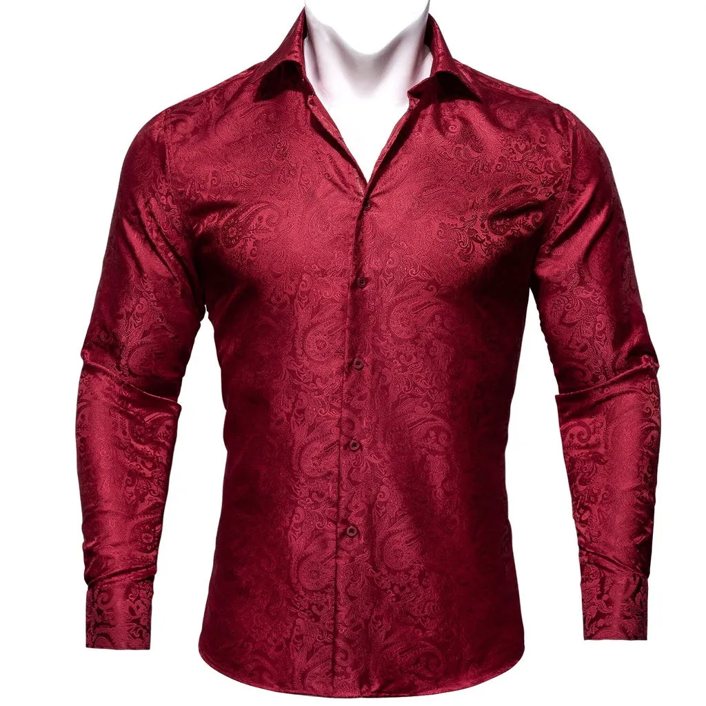Barry.Wang Teal Paisley Floral Silk Shirts Men Autumn Long Sleeve Casual  Flower Shirts for Men Designer Fit Dress Shirt BCY-05