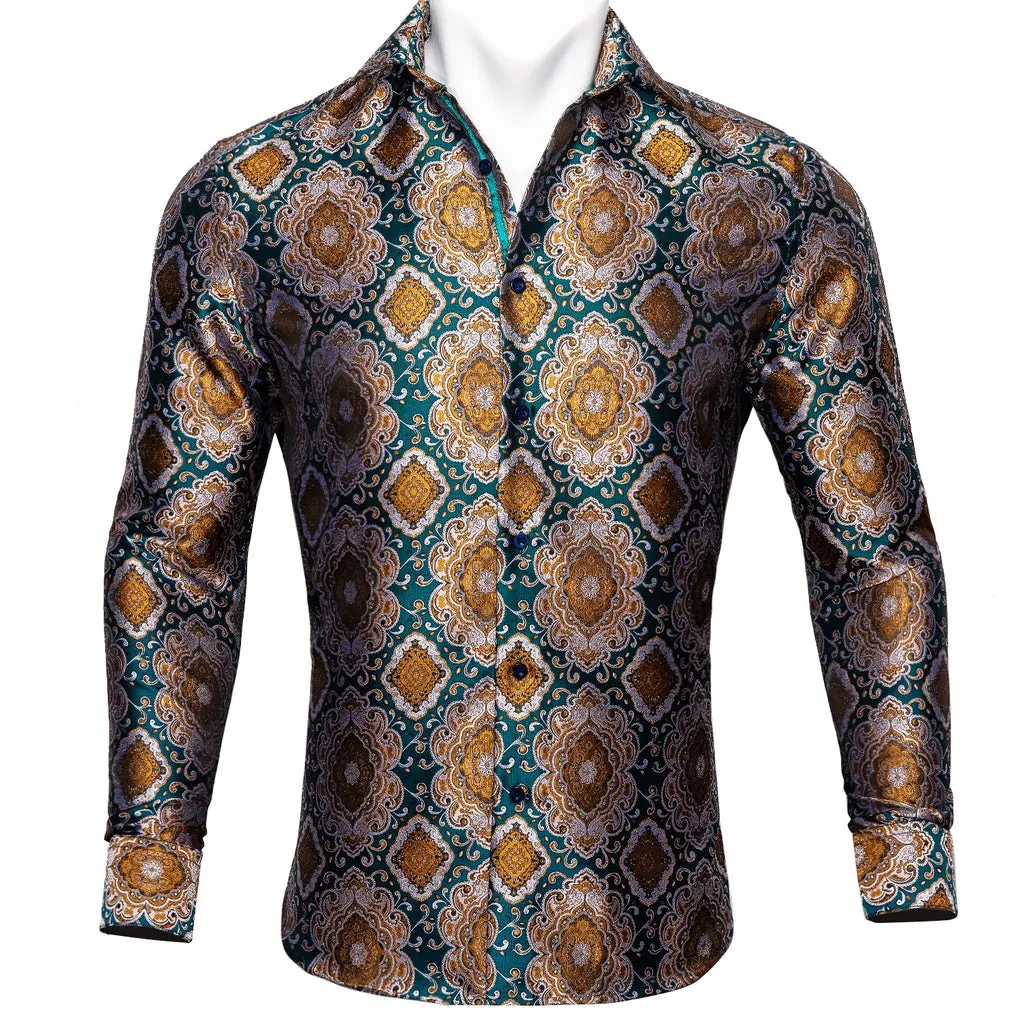 Barry.Wang Teal Paisley Floral Silk Shirts Men Autumn Long Sleeve Casual  Flower Shirts for Men Designer Fit Dress Shirt BCY-05