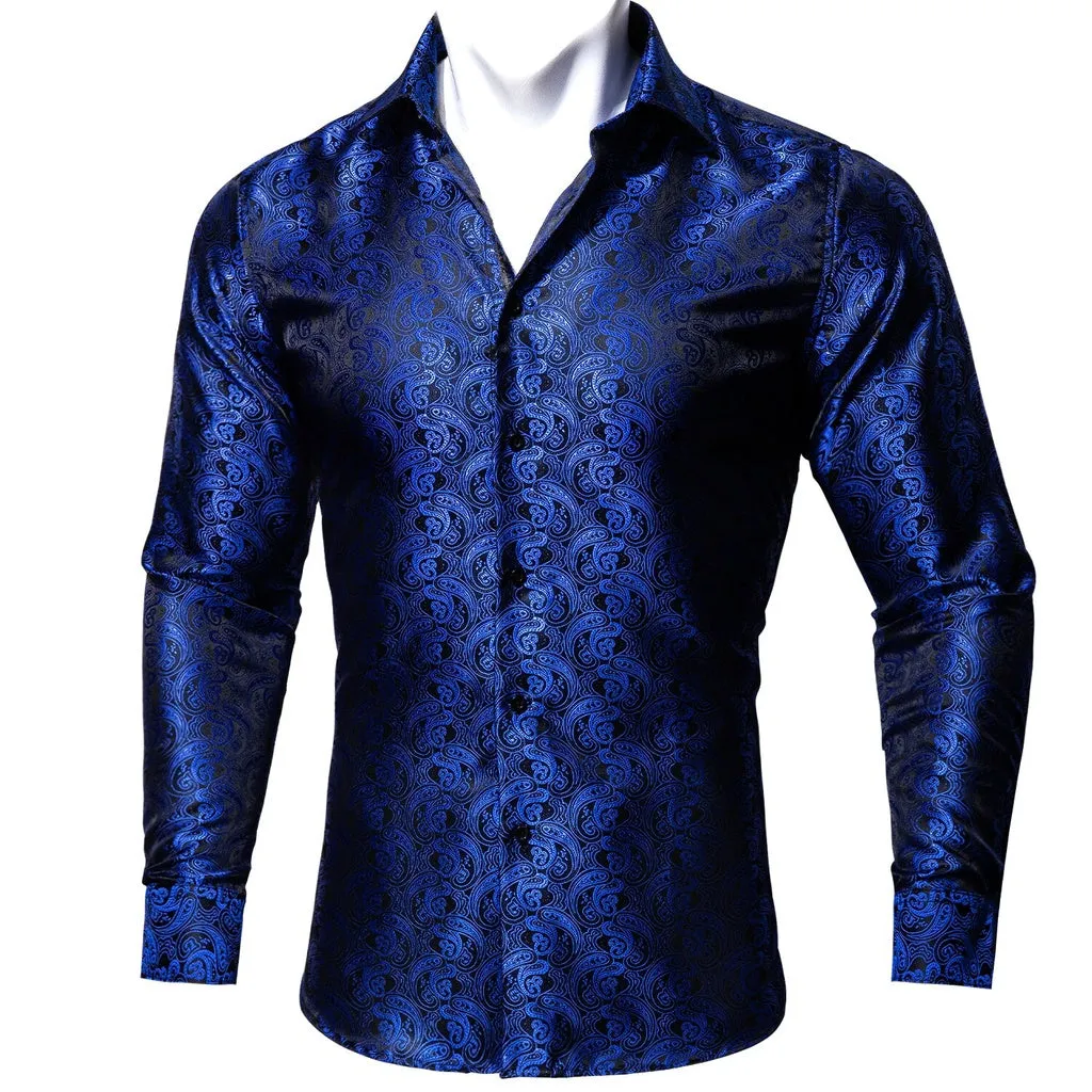 Barry.Wang Teal Paisley Floral Silk Shirts Men Autumn Long Sleeve Casual  Flower Shirts for Men Designer Fit Dress Shirt BCY-05