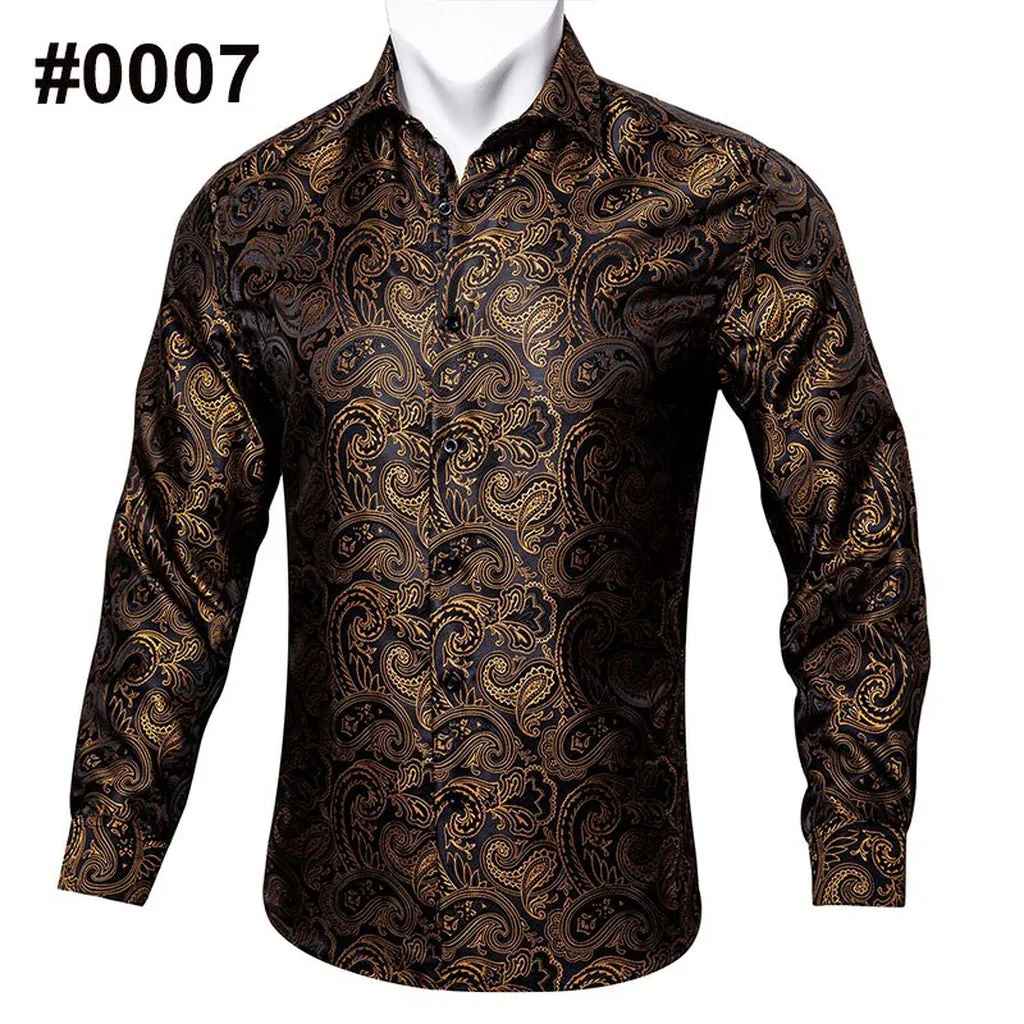 Barry.Wang Teal Paisley Floral Silk Shirts Men Autumn Long Sleeve Casual  Flower Shirts for Men Designer Fit Dress Shirt BCY-05