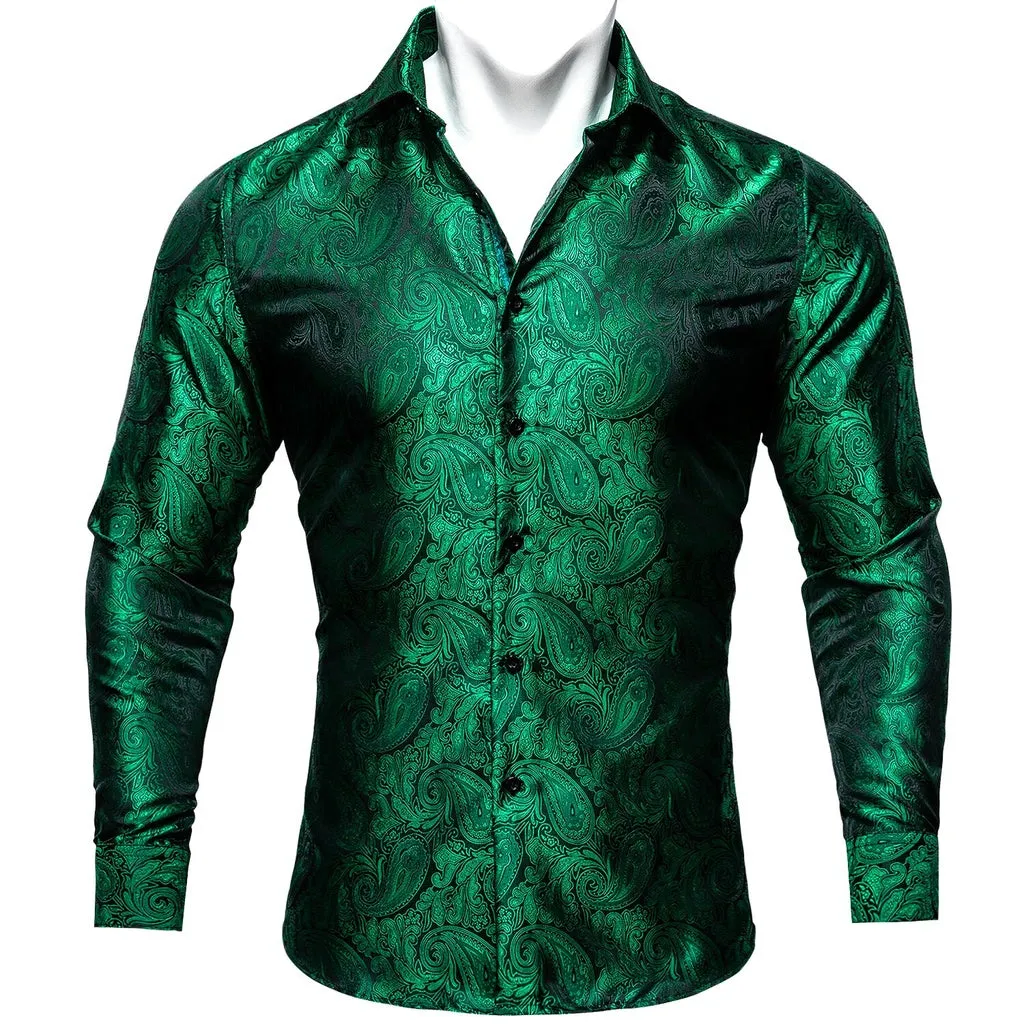 Barry.Wang Teal Paisley Floral Silk Shirts Men Autumn Long Sleeve Casual  Flower Shirts for Men Designer Fit Dress Shirt BCY-05