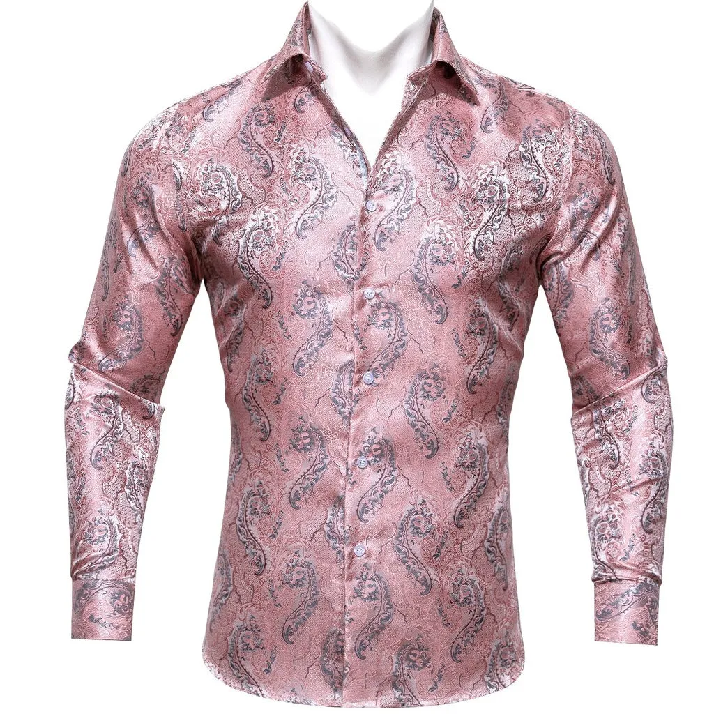 Barry.Wang Teal Paisley Floral Silk Shirts Men Autumn Long Sleeve Casual  Flower Shirts for Men Designer Fit Dress Shirt BCY-05