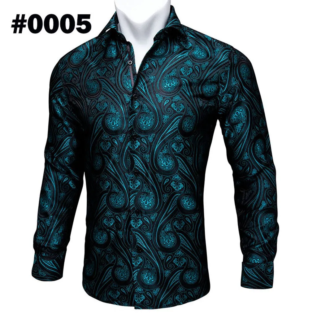 Barry.Wang Teal Paisley Floral Silk Shirts Men Autumn Long Sleeve Casual  Flower Shirts for Men Designer Fit Dress Shirt BCY-05