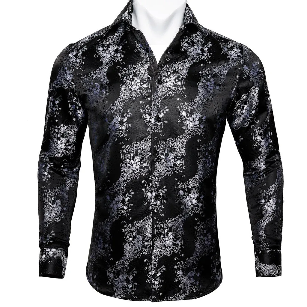 Barry.Wang Teal Paisley Floral Silk Shirts Men Autumn Long Sleeve Casual  Flower Shirts for Men Designer Fit Dress Shirt BCY-05