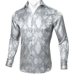 Barry.Wang Teal Paisley Floral Silk Shirts Men Autumn Long Sleeve Casual  Flower Shirts for Men Designer Fit Dress Shirt BCY-05