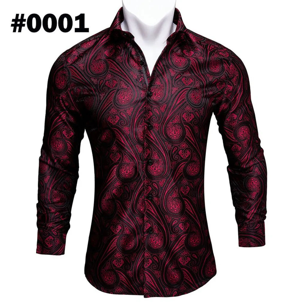 Barry.Wang Teal Paisley Floral Silk Shirts Men Autumn Long Sleeve Casual  Flower Shirts for Men Designer Fit Dress Shirt BCY-05