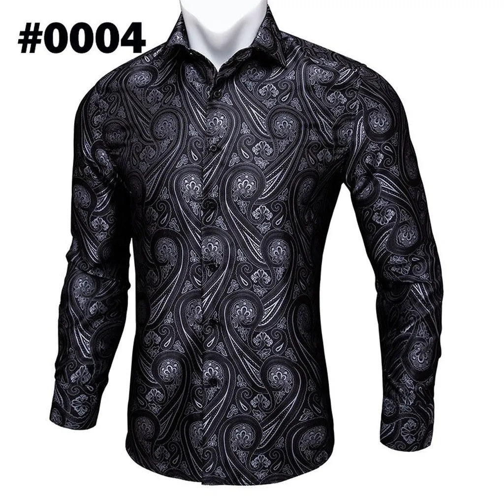 Barry.Wang Teal Paisley Floral Silk Shirts Men Autumn Long Sleeve Casual  Flower Shirts for Men Designer Fit Dress Shirt BCY-05