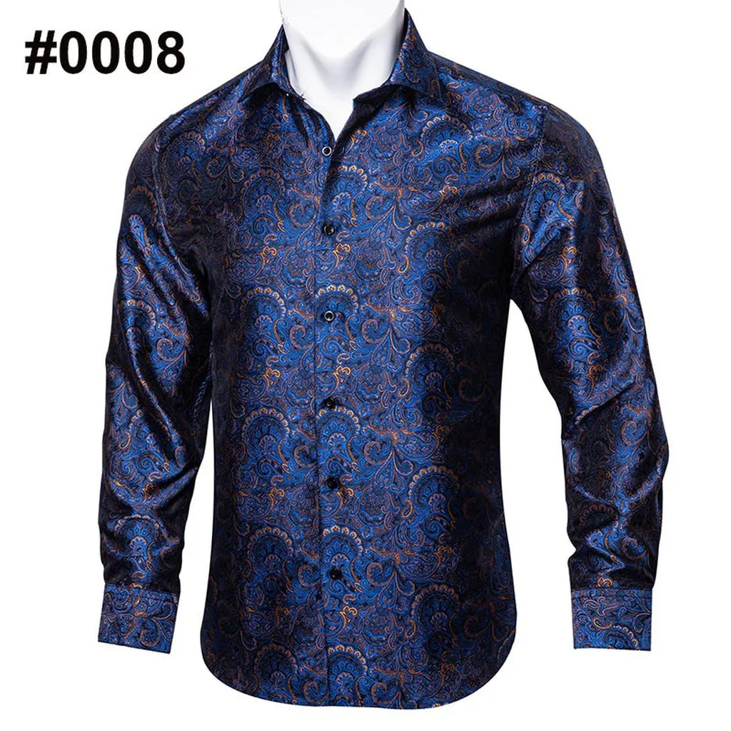 Barry.Wang Teal Paisley Floral Silk Shirts Men Autumn Long Sleeve Casual  Flower Shirts for Men Designer Fit Dress Shirt BCY-05