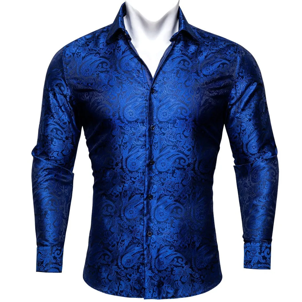 Barry.Wang Teal Paisley Floral Silk Shirts Men Autumn Long Sleeve Casual  Flower Shirts for Men Designer Fit Dress Shirt BCY-05