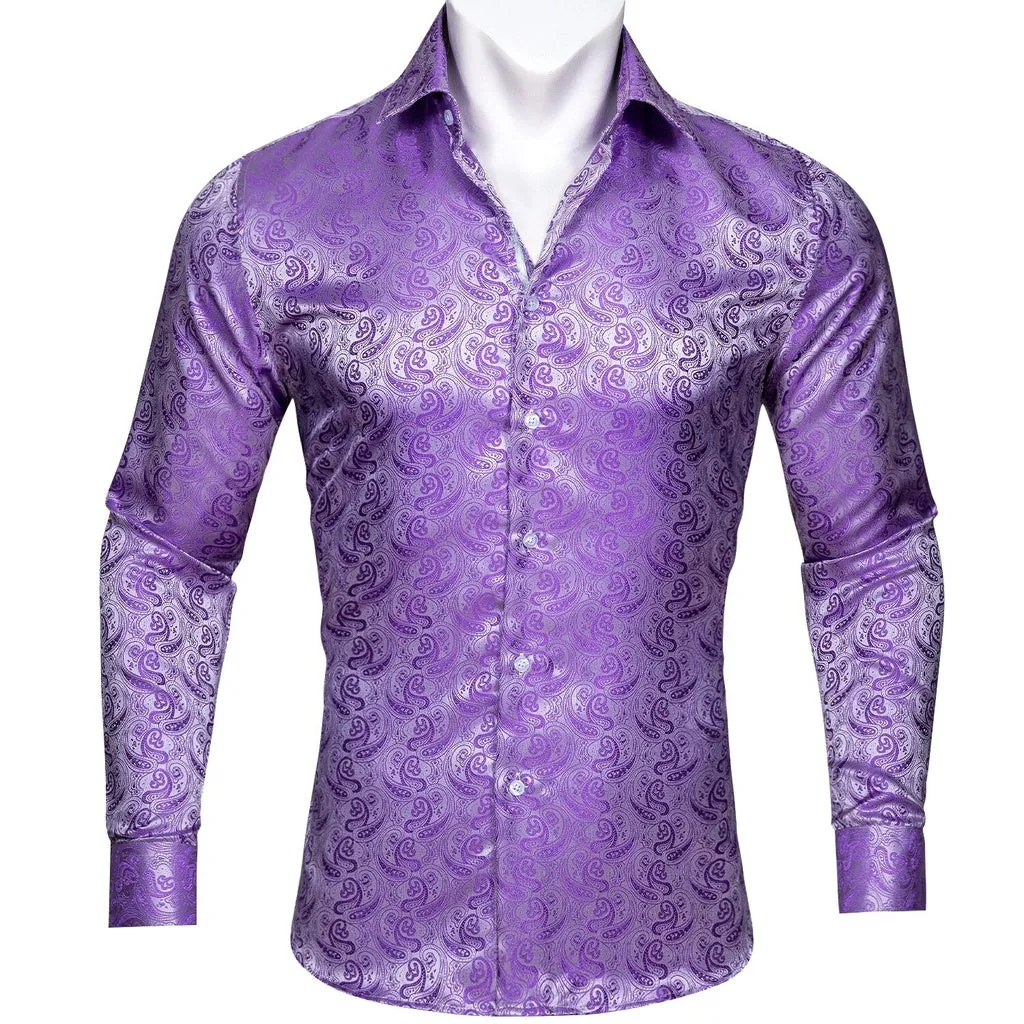 Barry.Wang Teal Paisley Floral Silk Shirts Men Autumn Long Sleeve Casual  Flower Shirts for Men Designer Fit Dress Shirt BCY-05