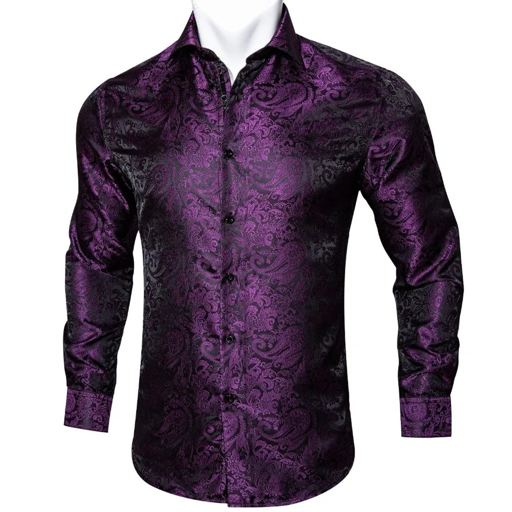 Barry.Wang Teal Paisley Floral Silk Shirts Men Autumn Long Sleeve Casual  Flower Shirts for Men Designer Fit Dress Shirt BCY-05