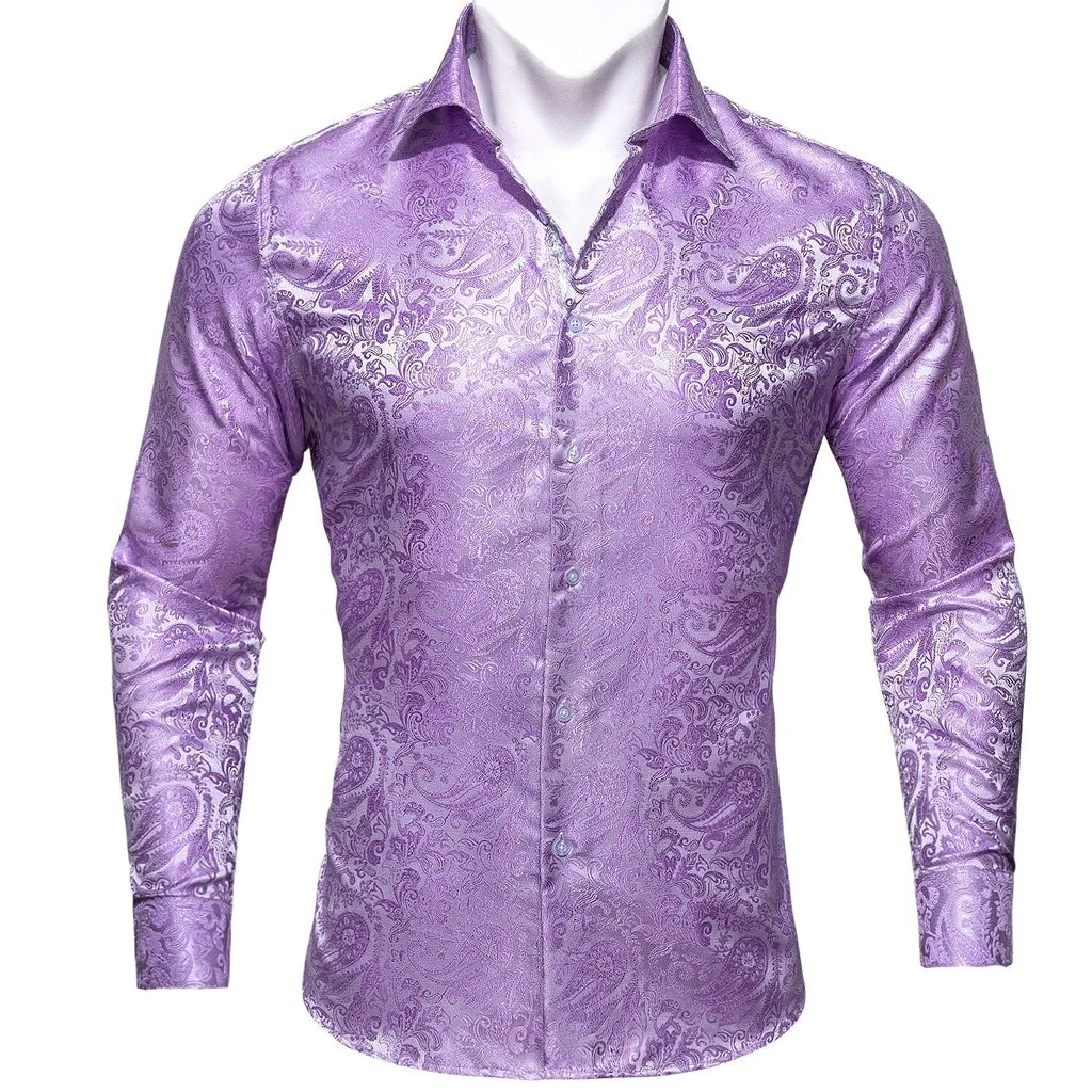 Barry.Wang Teal Paisley Floral Silk Shirts Men Autumn Long Sleeve Casual  Flower Shirts for Men Designer Fit Dress Shirt BCY-05