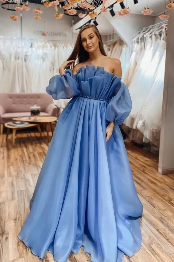Blue A-line Off-the-Shoulder Long Sleeves Prom Dresses, Evening Gown, SP866