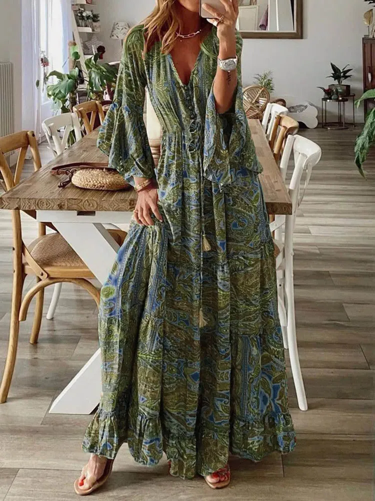 Boho Chic Long Sleeve Ruffle Maxi Dress