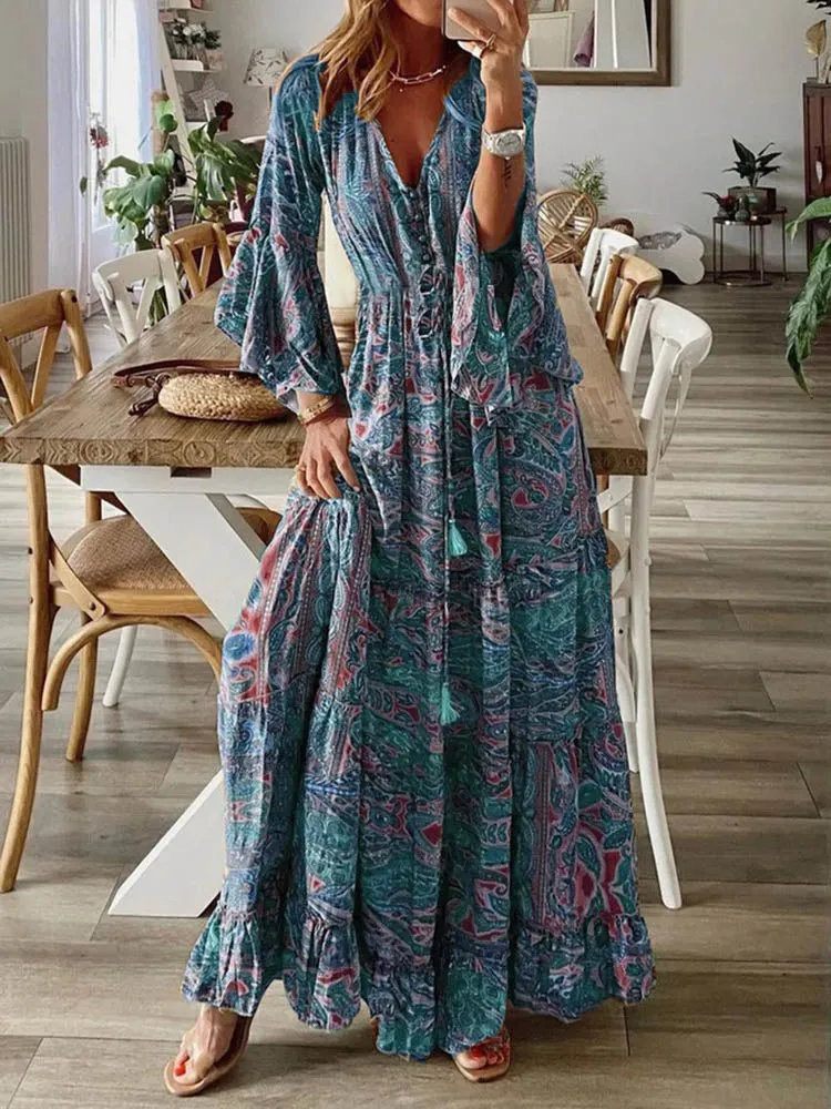 Boho Chic Long Sleeve Ruffle Maxi Dress