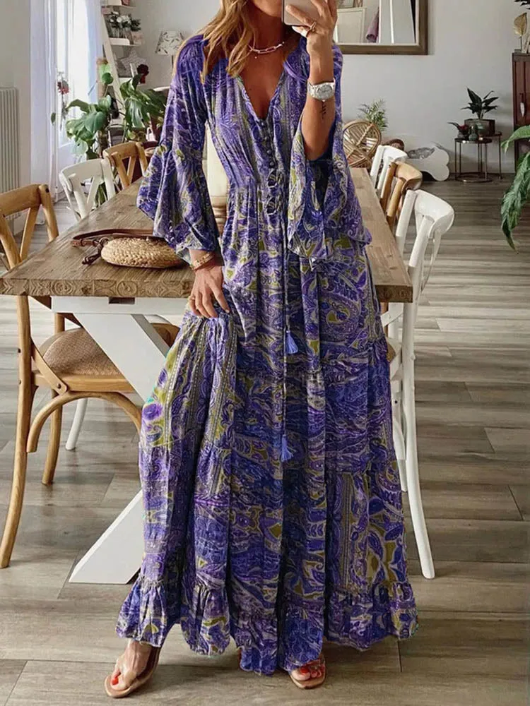Boho Chic Long Sleeve Ruffle Maxi Dress