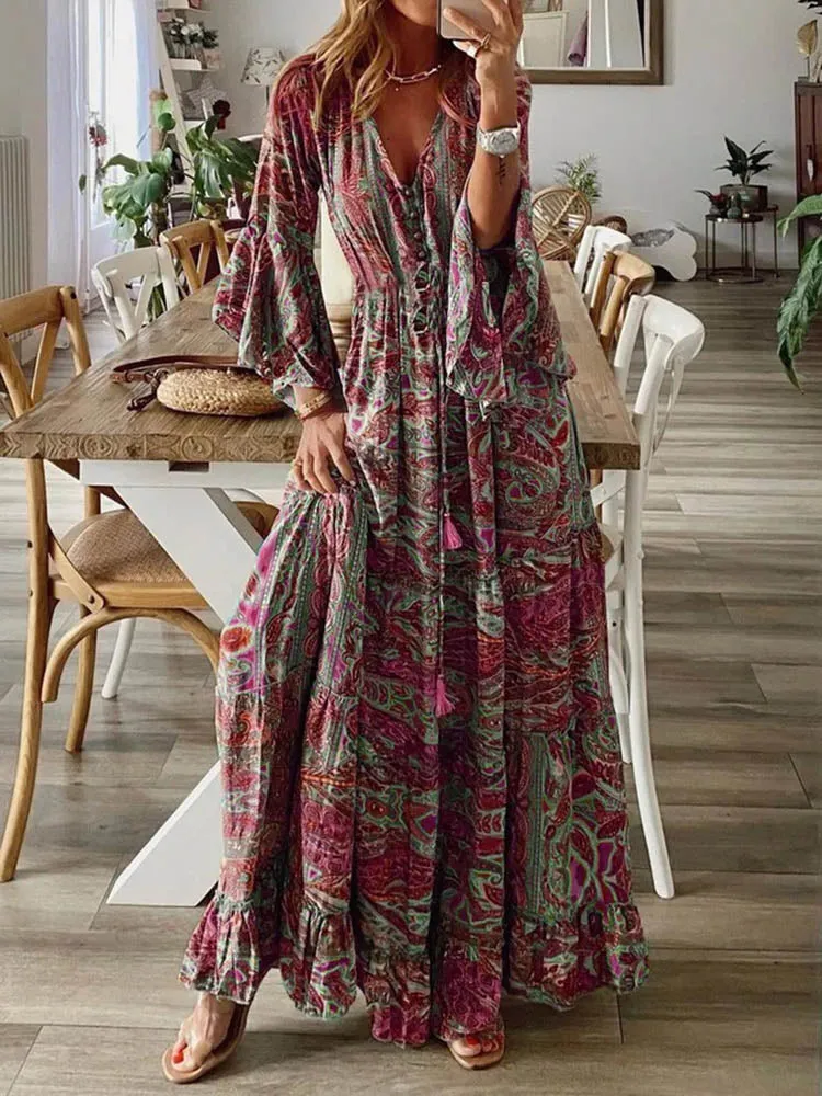 Boho Chic Long Sleeve Ruffle Maxi Dress