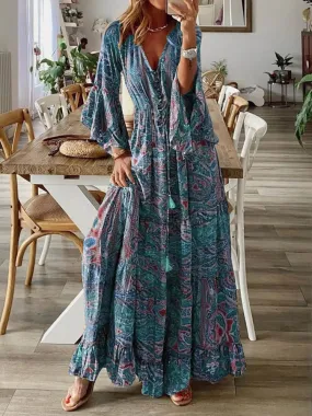 Boho Chic Long Sleeve Ruffle Maxi Dress