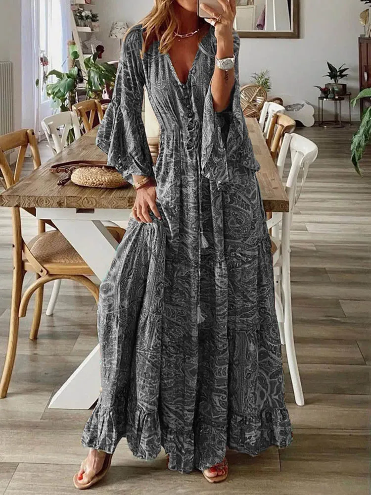 Boho Chic Long Sleeve Ruffle Maxi Dress