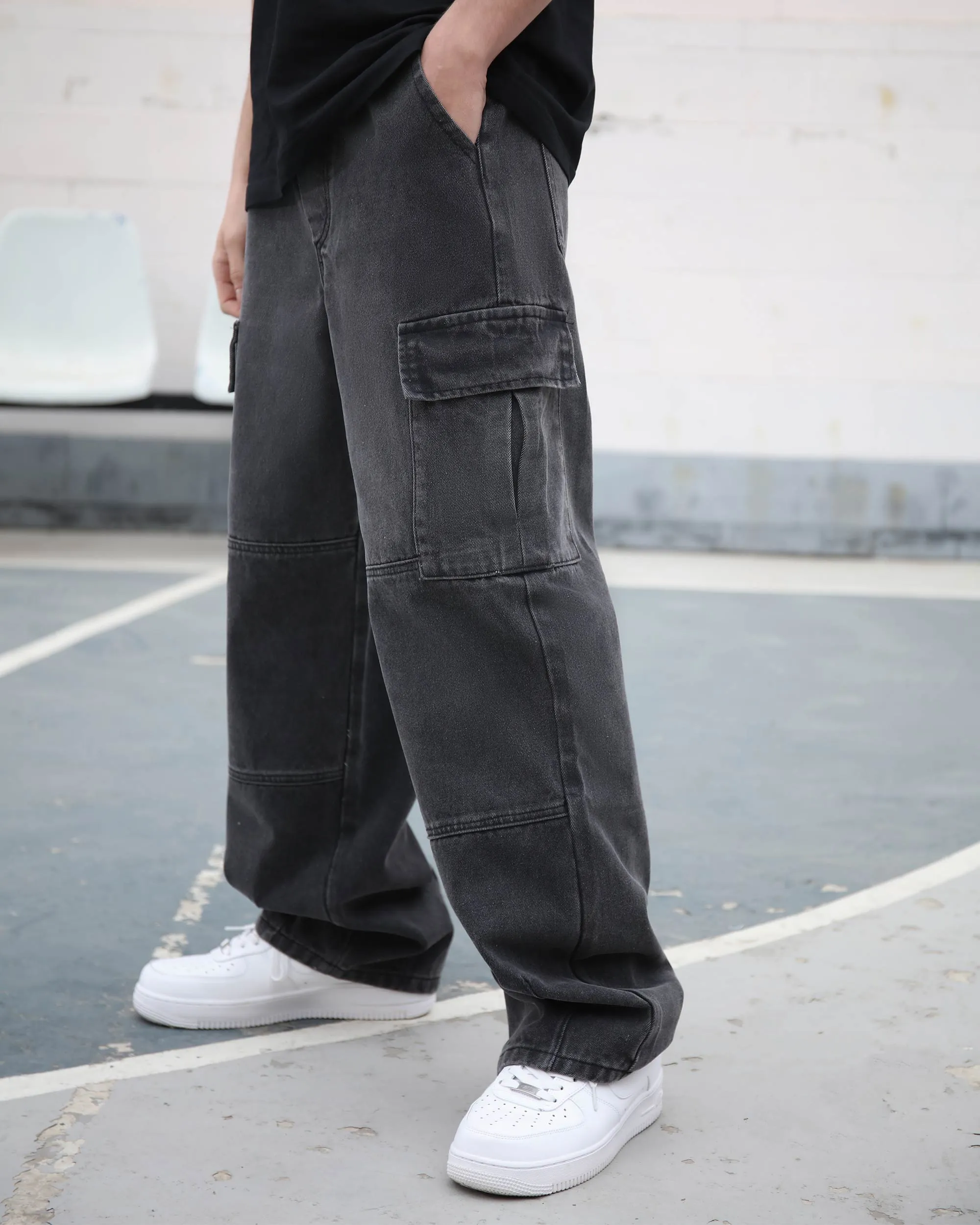 Cargo Black Loose Jeans with Large Pockets-Mexico Local Delivery
