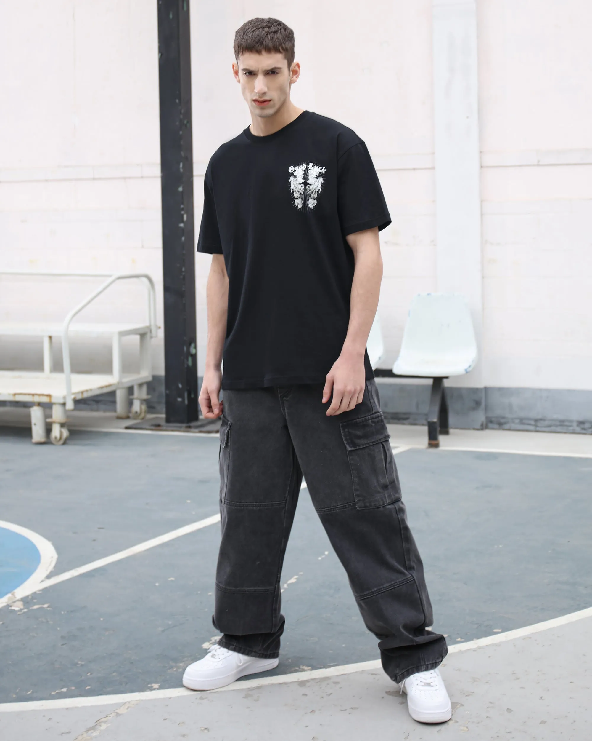 Cargo Black Loose Jeans with Large Pockets-Mexico Local Delivery