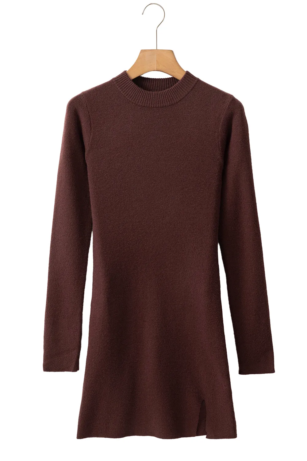 Coffee Slim Fit Mock Neck Side Slit Sweater Dress