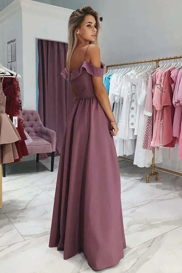 Elegant A-line Off Shoulder Spaghetti Straps Prom Dresses With Slit, SP891
