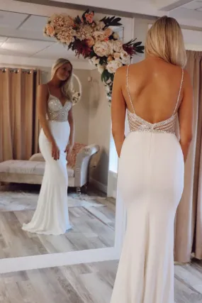 Gorgeous Ivory Beaded Mermaid V-neck Spaghetti Straps Long Prom Dresses, SP508