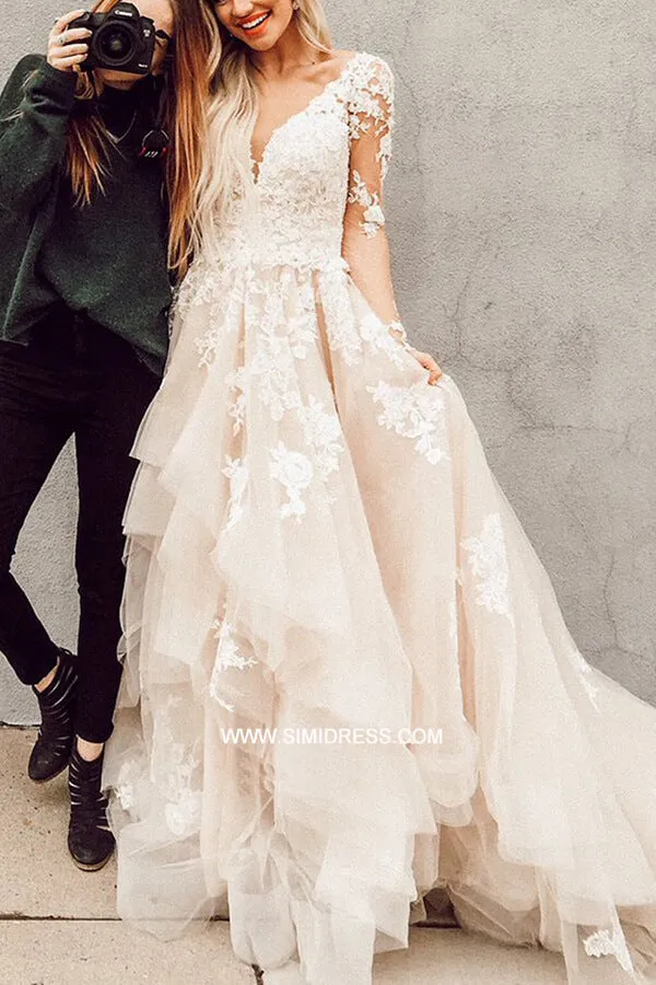 Gorgeous Lace A-line V-neck Long Sleeves Wedding Dresses with Train, SW418
