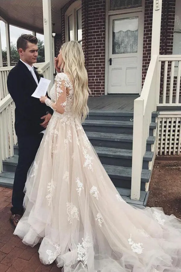 Gorgeous Lace A-line V-neck Long Sleeves Wedding Dresses with Train, SW418