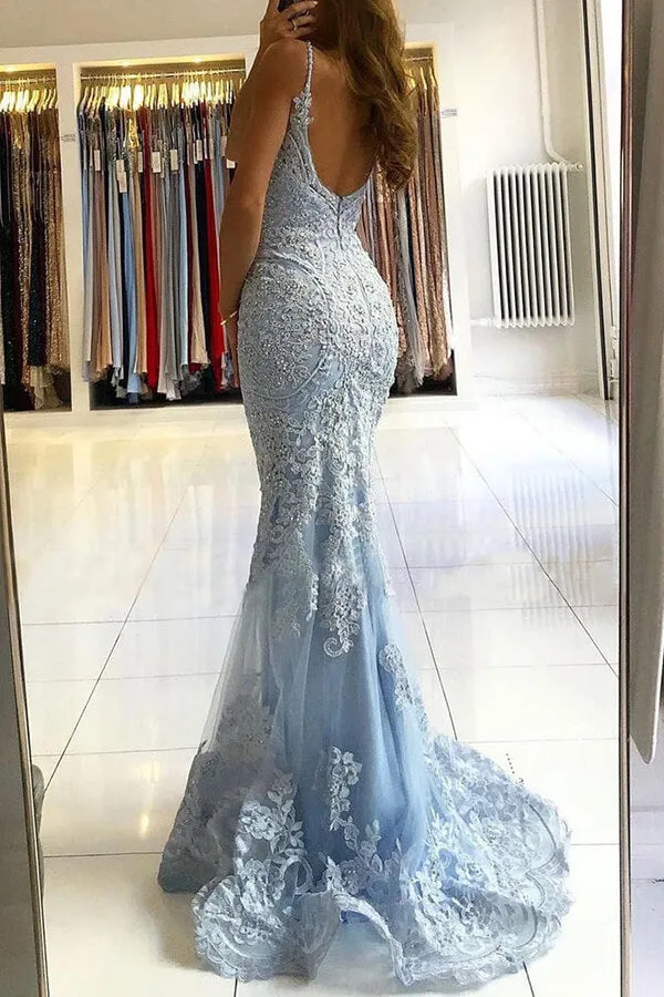 Gorgeous Light Blue Lace Mermaid V-neck Beaded Long Prom Dresses, SP743